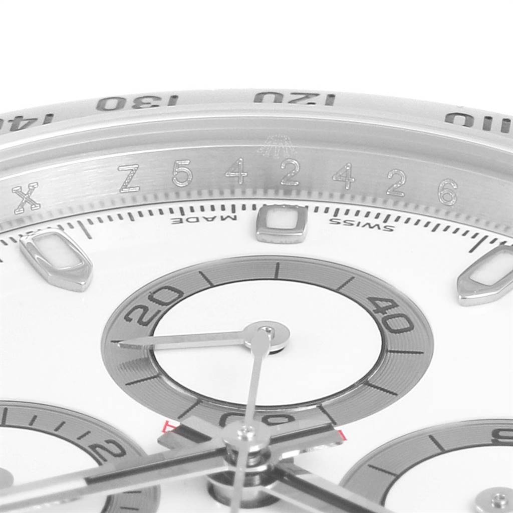 The image shows a close-up of the dial and chronograph sub-dials of a Rolex Daytona 116520 Men's Stainless Steel White Dial 116520 Men's Stainless Steel White Dial watch, highlighting the detailed markings.