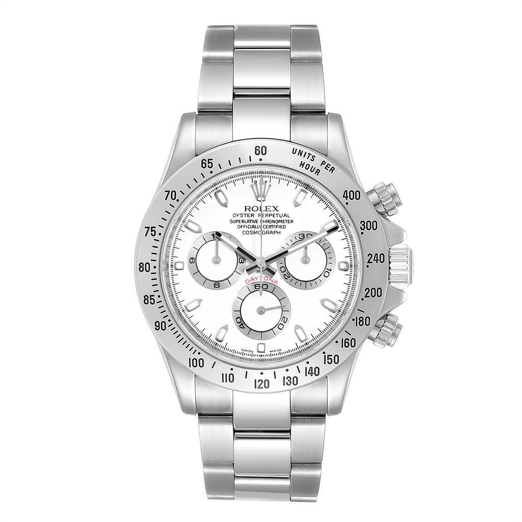 This is a front-facing view of the Rolex Daytona 116520 Men's Stainless Steel White Dial 116520 Men's Stainless Steel White Dial watch, showcasing the bezel, dial, subdials, and bracelet.