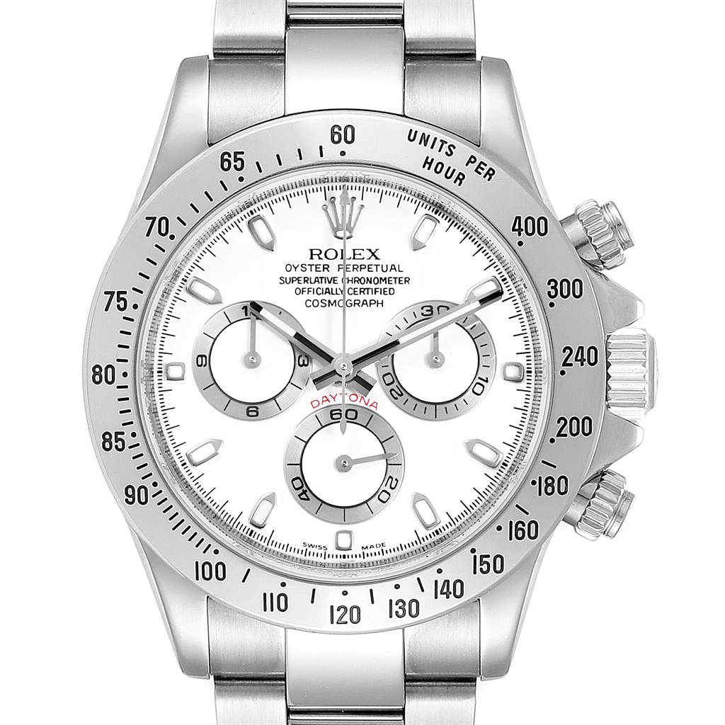This image shows a front view of a Rolex Daytona 116520 Men's Stainless Steel White Dial 116520 Men's Stainless Steel White Dial watch, highlighting the dial, bezel, pushers, and bracelet.
