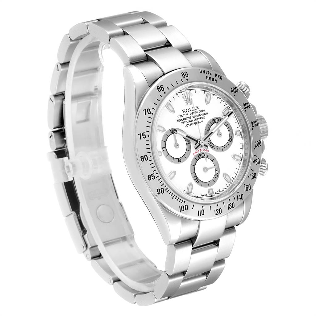 The Rolex Daytona 116520 Men's Stainless Steel White Dial 116520 Men's Stainless Steel White Dial watch is shown from a three-quarter angle highlighting its face, bezel, and bracelet.