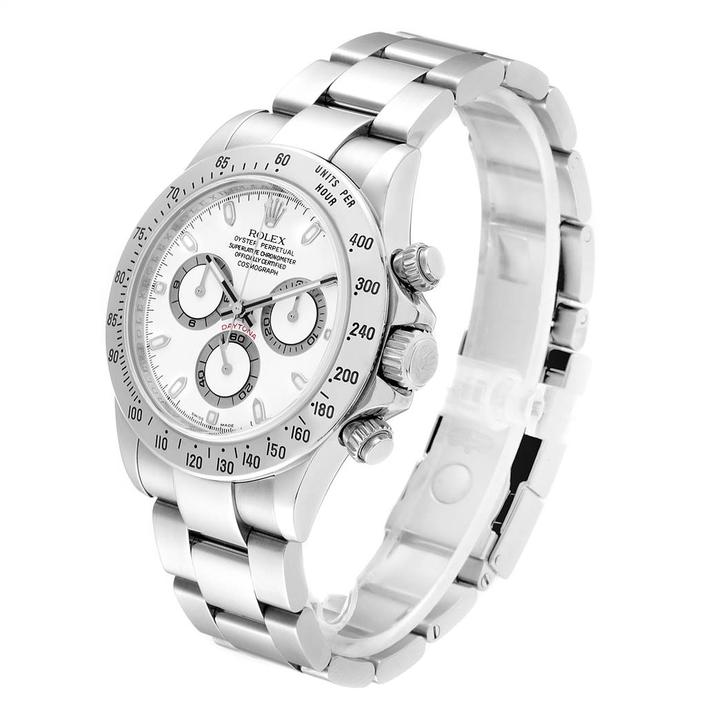 The Rolex Daytona 116520 Men's Stainless Steel White Dial 116520 Men's Stainless Steel White Dial watch is shown at a three-quarter angle, highlighting the face, bezel, crown, and bracelet.