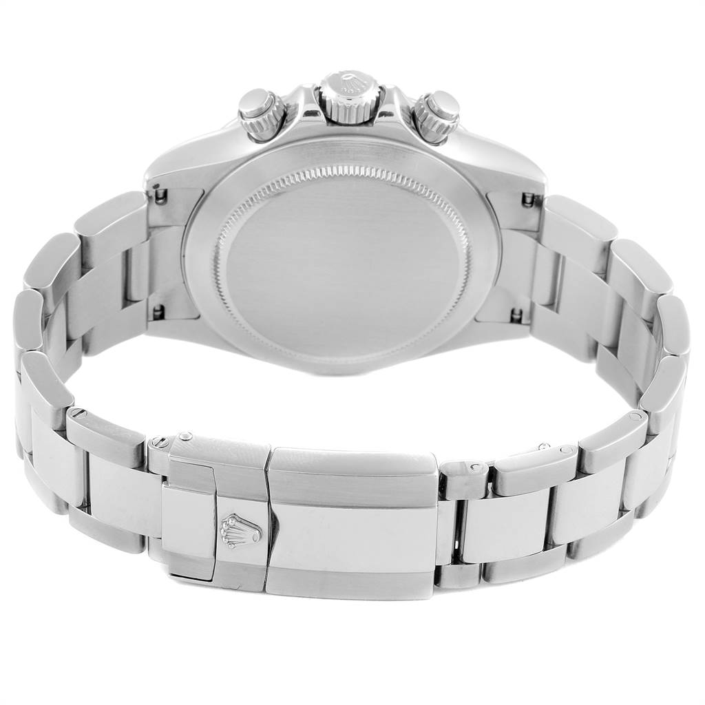 The image shows the back and bracelet of a Rolex Daytona 116520 Men's Stainless Steel White Dial 116520 Men's Stainless Steel White Dial watch, highlighting the clasp and watch case.