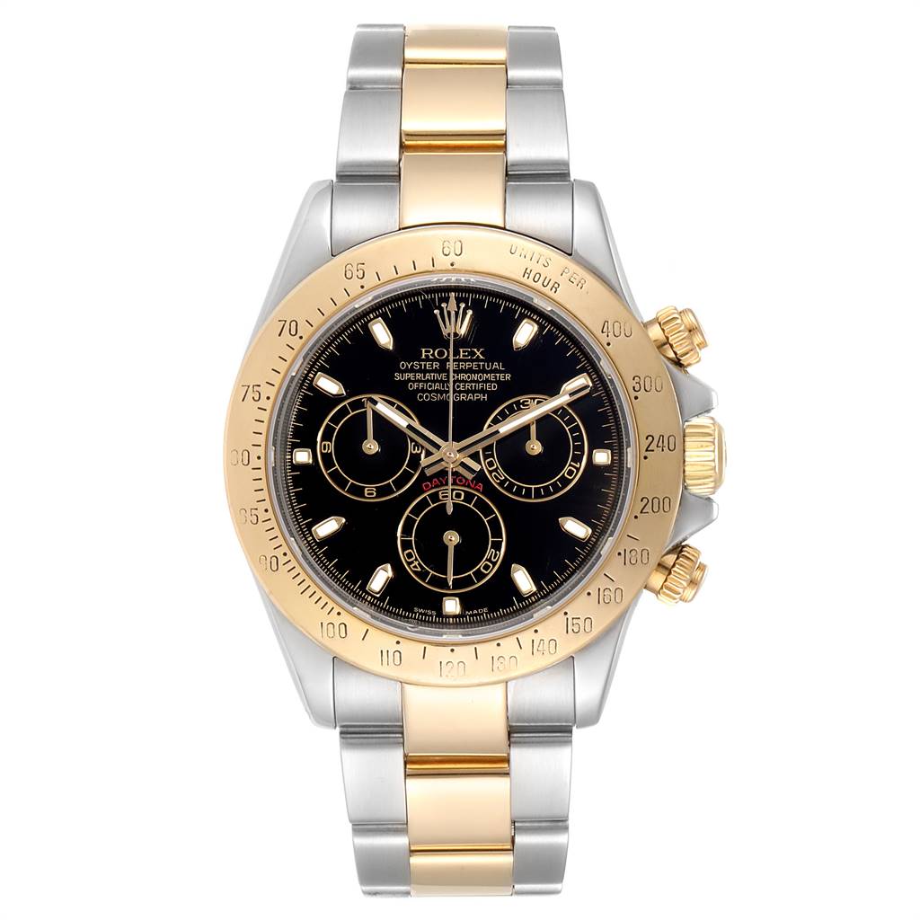 This Rolex Daytona 116523 Men's Steel and Gold (two tone) Black Dial 116523 Men's Steel and Gold (two tone) Black Dial model watch is shown from a top-down angle, displaying its face, bezel, and bracelet.