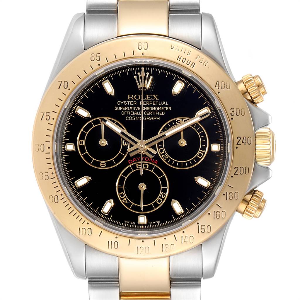 The image shows a front view of the Rolex Daytona 116523 Men's Steel and Gold (two tone) Black Dial 116523 Men's Steel and Gold (two tone) Black Dial watch, highlighting its dial, bezel, and pushers/crown.