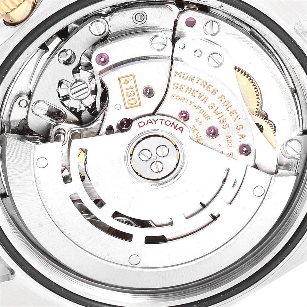 This image shows the intricate internal movement mechanics of a Rolex Daytona 116523 Men's Steel and Gold (two tone) Black Dial 116523 Men's Steel and Gold (two tone) Black Dial watch, viewed from the back.
