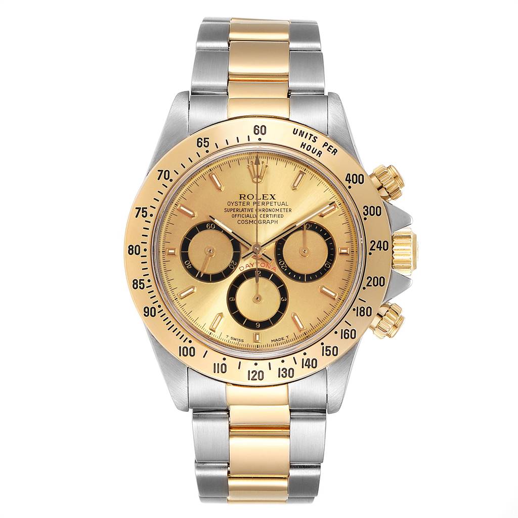 The image shows a front view of the Rolex Daytona 16523 Men's Steel and Gold (two tone) Champagne Dial 16523 Men's Steel and Gold (two tone) Champagne Dial watch, highlighting its gold bezel, dial, and two-tone bracelet.