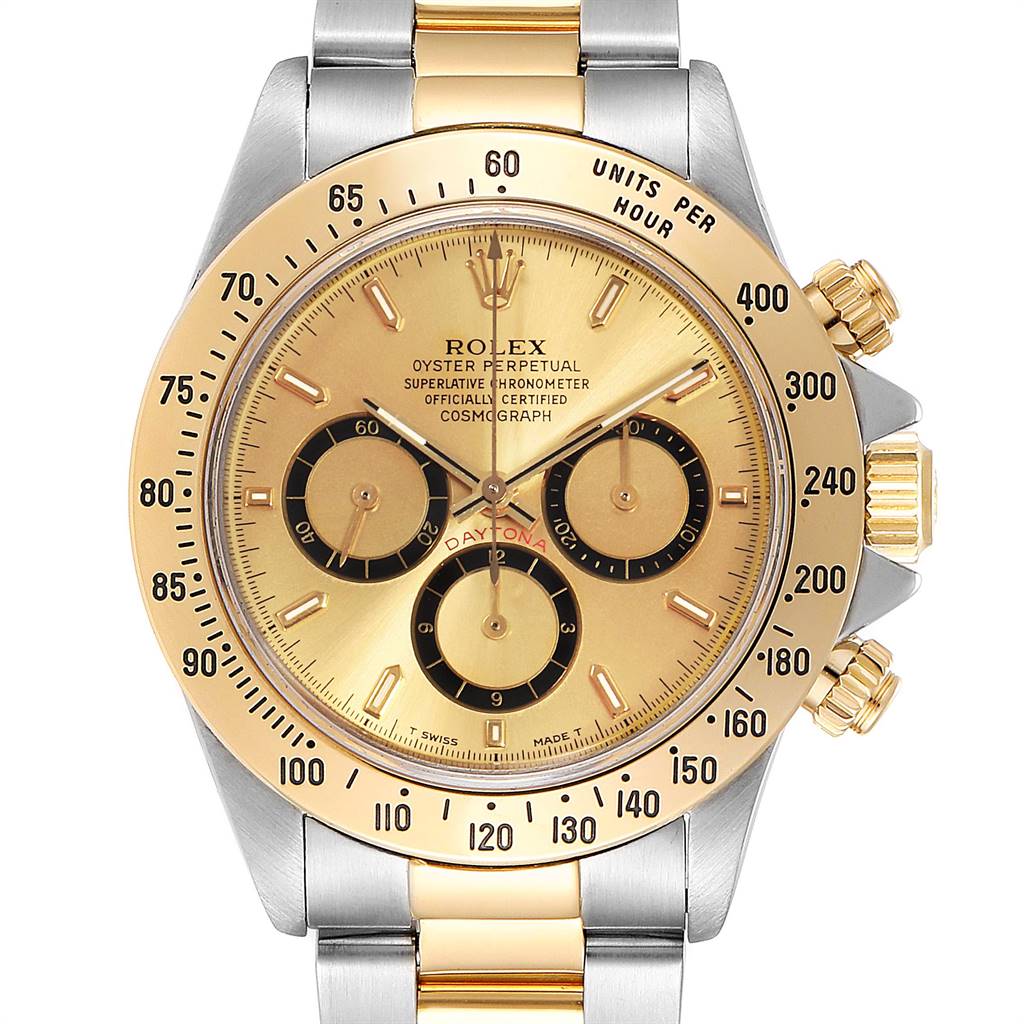 The image shows a frontal view of the Rolex Daytona 16523 Men's Steel and Gold (two tone) Champagne Dial 16523 Men's Steel and Gold (two tone) Champagne Dial watch, highlighting its gold bezel, dial, and chronograph subdials.