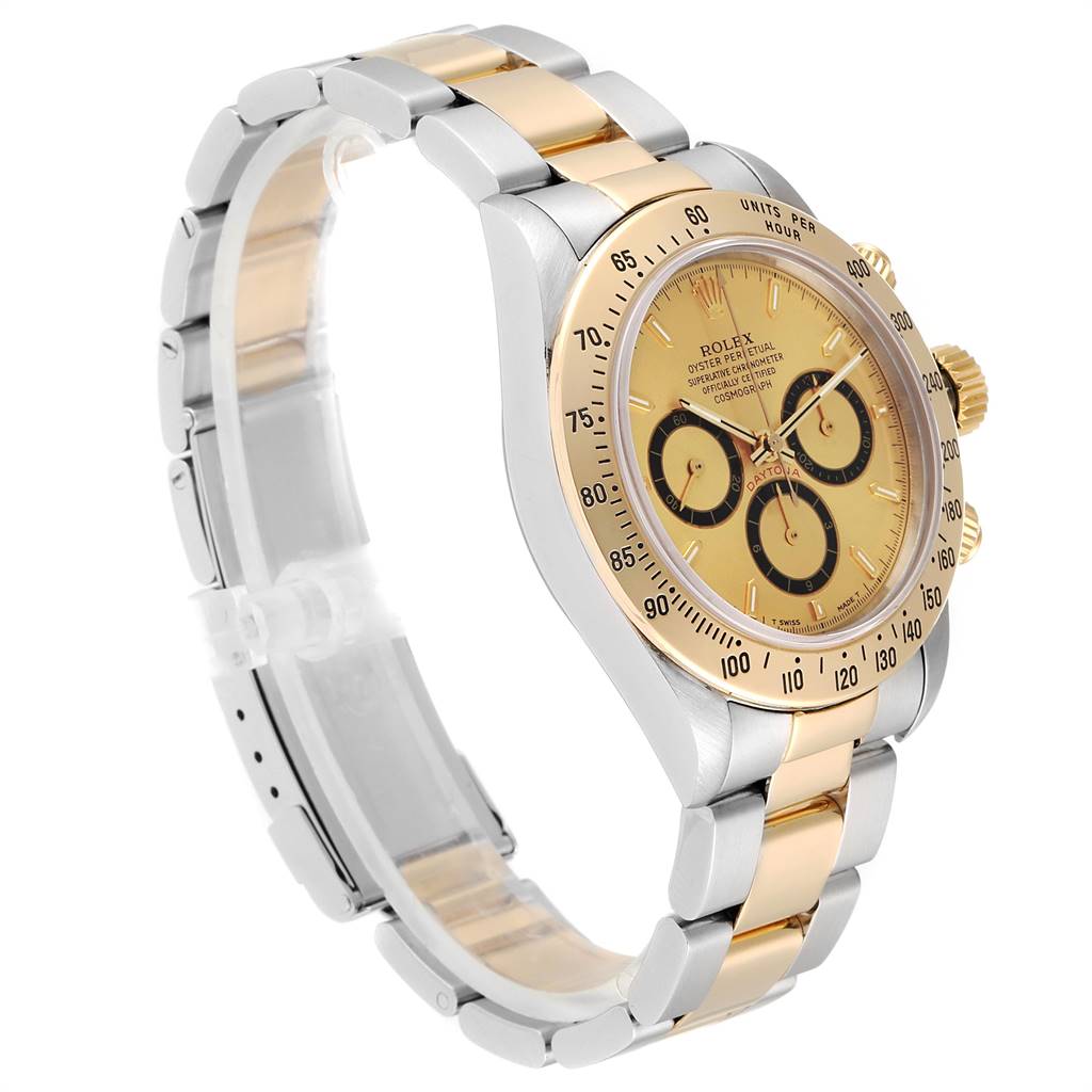 The image shows a side angle of a Rolex Daytona 16523 Men's Steel and Gold (two tone) Champagne Dial 16523 Men's Steel and Gold (two tone) Champagne Dial watch, highlighting its two-tone bracelet, bezel, and dial.