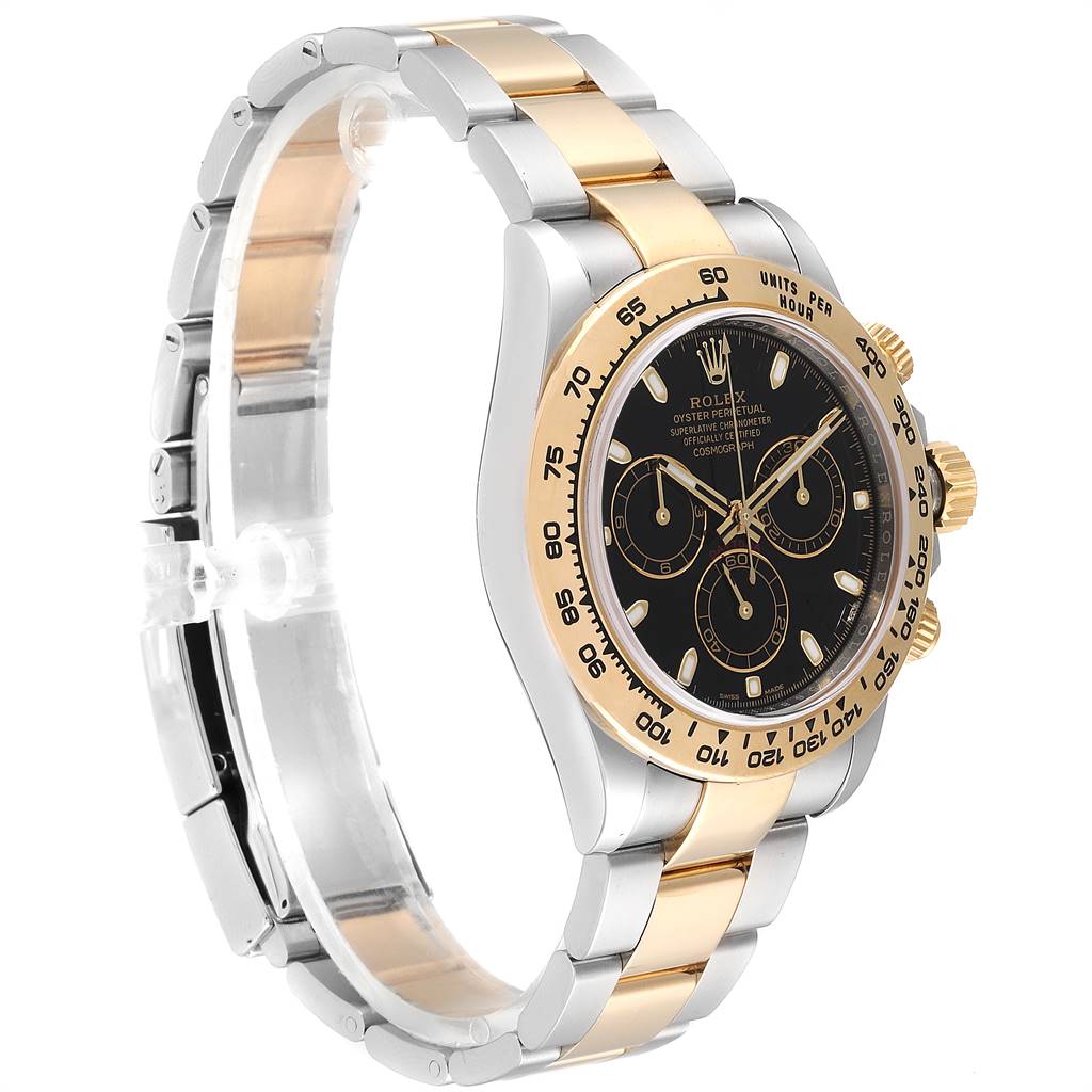 This Rolex Daytona 116503 Men's Steel and Gold (two tone) Black Dial 116503 Men's Steel and Gold (two tone) Black Dial watch is shown at a slight angle, highlighting its two-tone bracelet, black dial, and golden bezel.