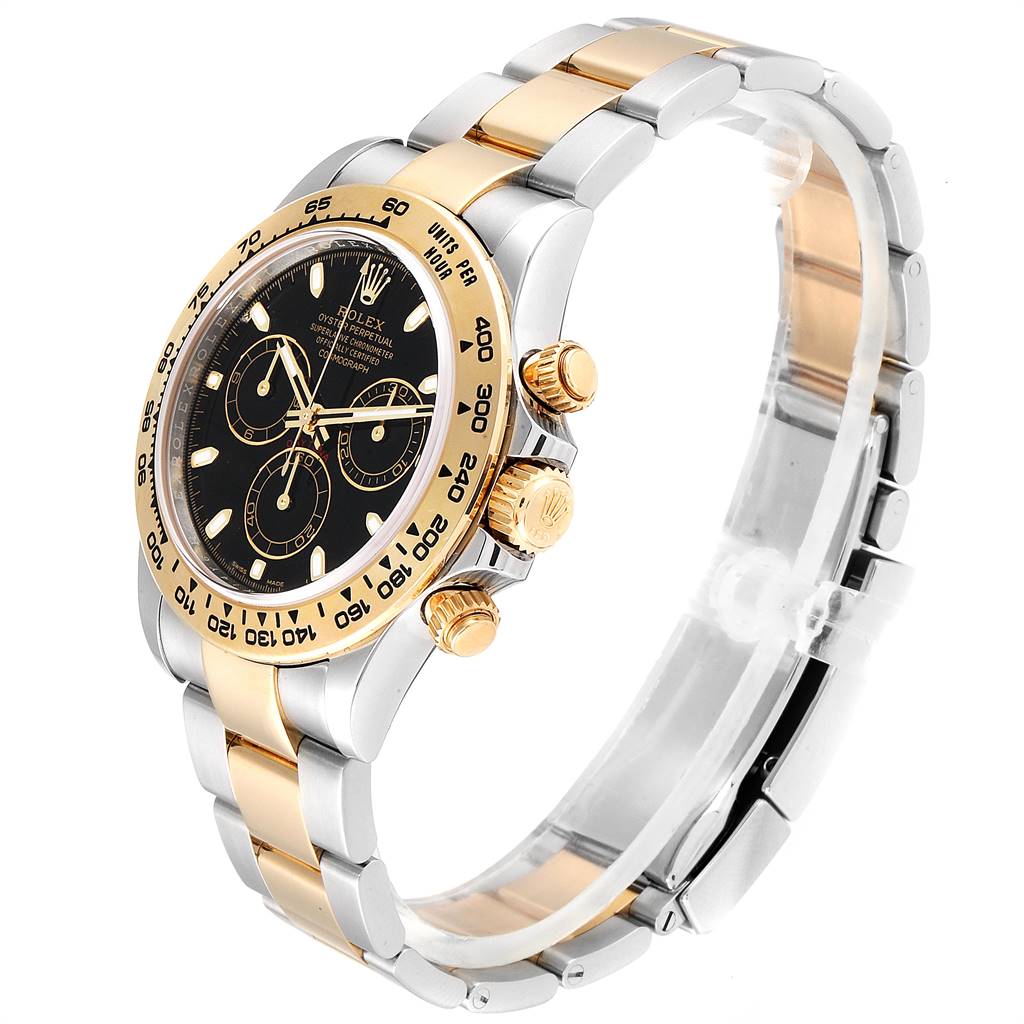 The image shows a side angle of a Rolex Daytona 116503 Men's Steel and Gold (two tone) Black Dial 116503 Men's Steel and Gold (two tone) Black Dial watch, highlighting its two-tone bracelet, black dial, and gold bezel with chronograph buttons.