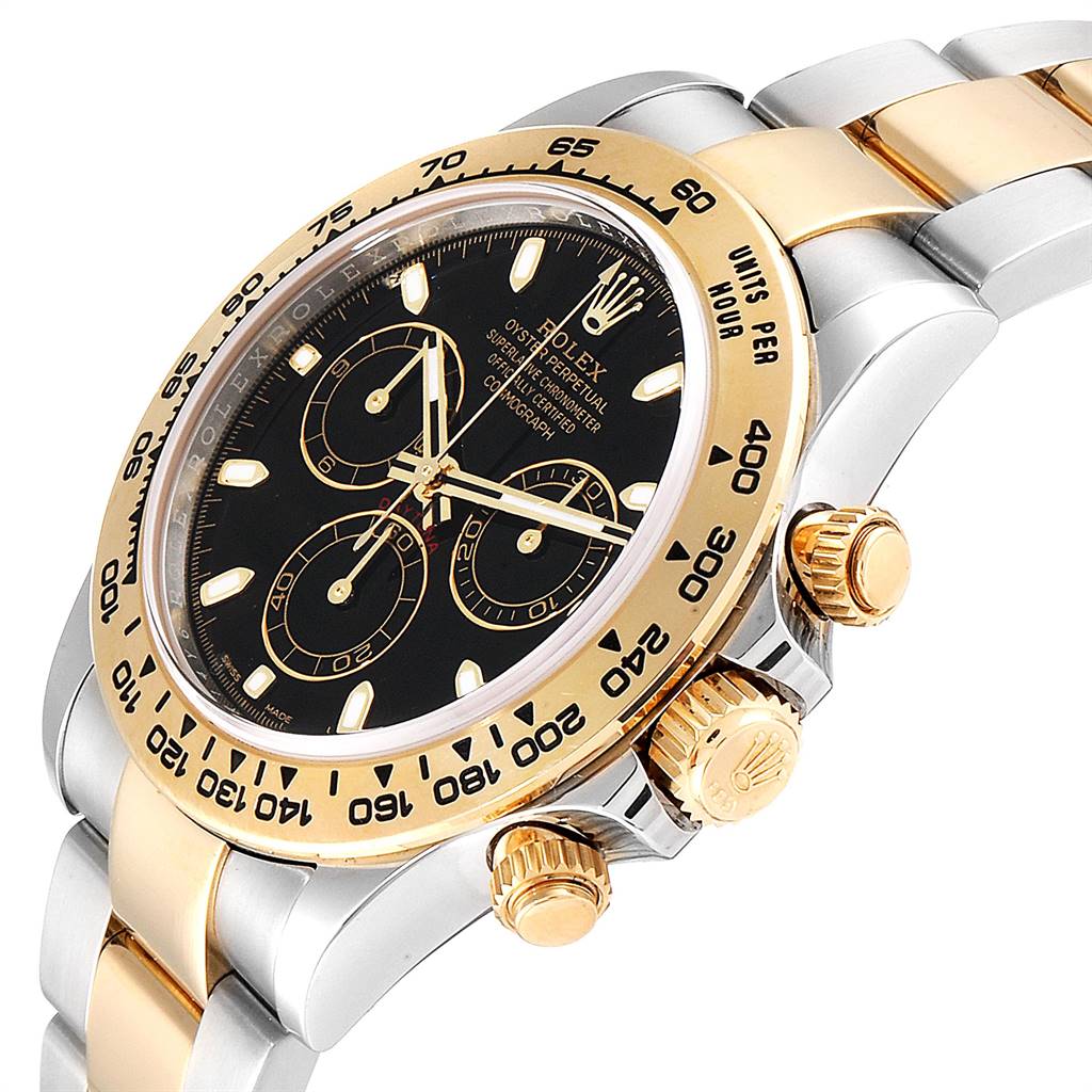 The Rolex Daytona 116503 Men's Steel and Gold (two tone) Black Dial 116503 Men's Steel and Gold (two tone) Black Dial watch is shown at a slight angle, highlighting the black dial, chronograph subdials, and two-tone bracelet.