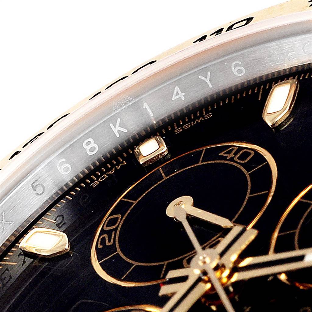 The image shows a close-up of the dial, bezel, and sub-dial of a Rolex Daytona 116503 Men's Steel and Gold (two tone) Black Dial 116503 Men's Steel and Gold (two tone) Black Dial watch.