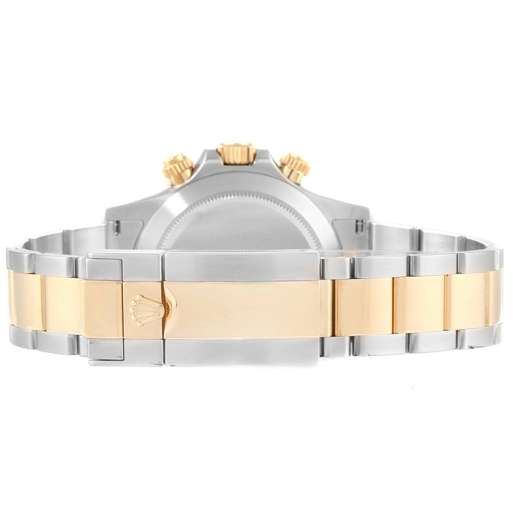 The image shows the stainless steel and yellow gold bracelet with the clasp of a Rolex Daytona 116503 Men's Steel and Gold (two tone) Black Dial 116503 Men's Steel and Gold (two tone) Black Dial watch, viewed from the back.