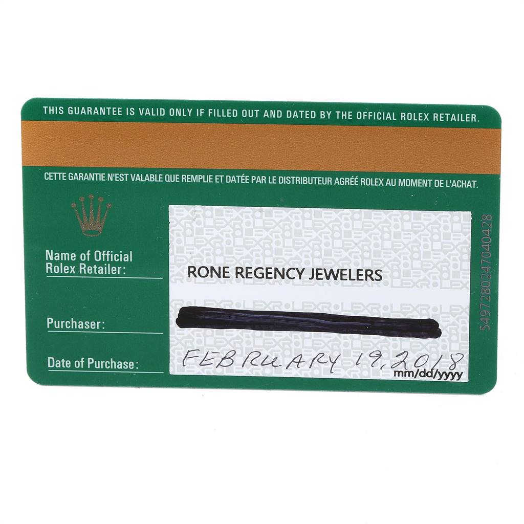 This image shows a guarantee card for a Rolex Daytona 116503 Men's Steel and Gold (two tone) Black Dial 116503 Men's Steel and Gold (two tone) Black Dial watch.