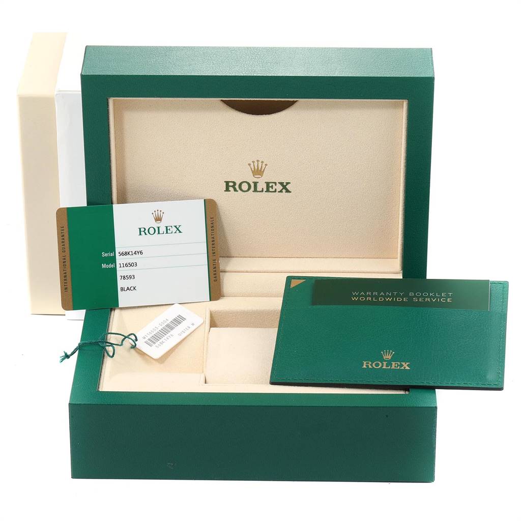 The image shows the packaging, warranty booklet, and authenticity card for a Rolex Daytona 116503 Men's Steel and Gold (two tone) Black Dial 116503 Men's Steel and Gold (two tone) Black Dial watch.