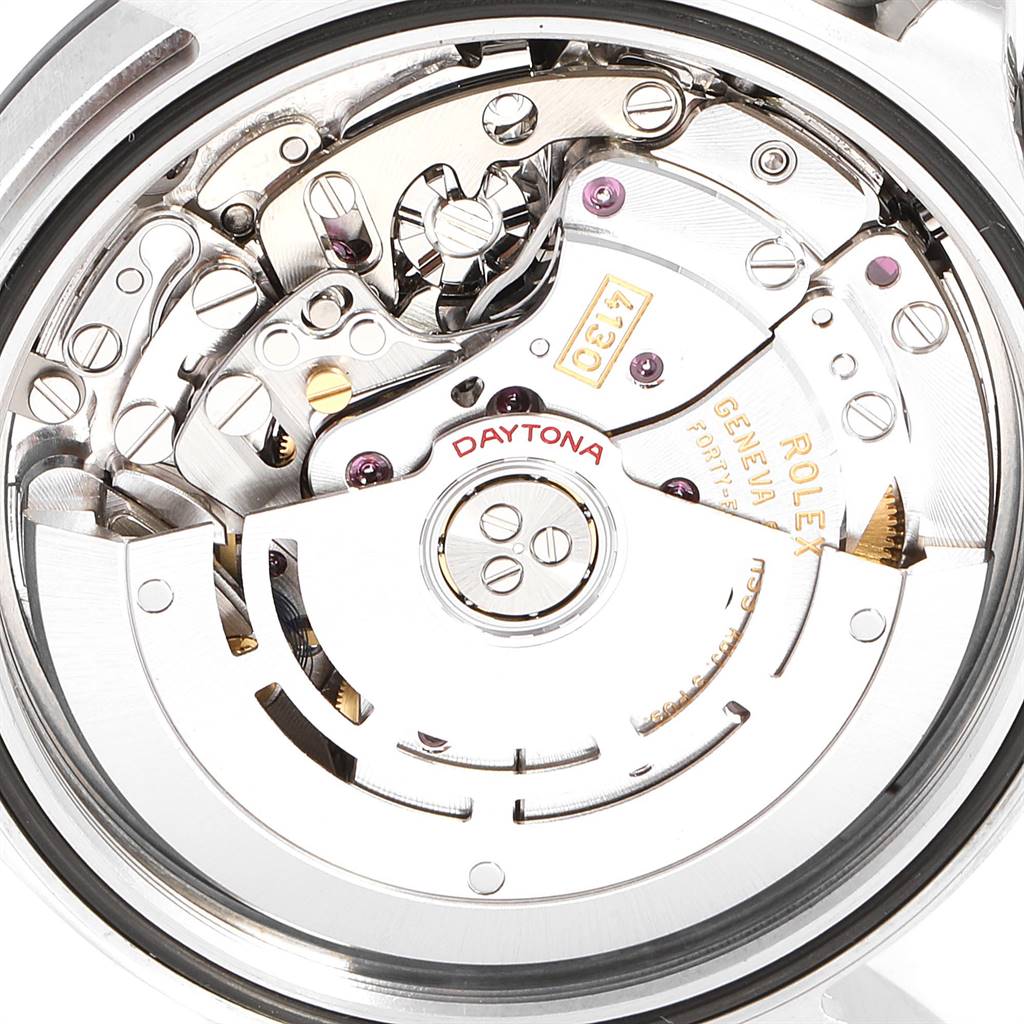 This image shows the intricate movement mechanism of a Rolex Daytona 116500 Men's Stainless Steel White Dial 116500 Men's Stainless Steel White Dial watch viewed from the back.