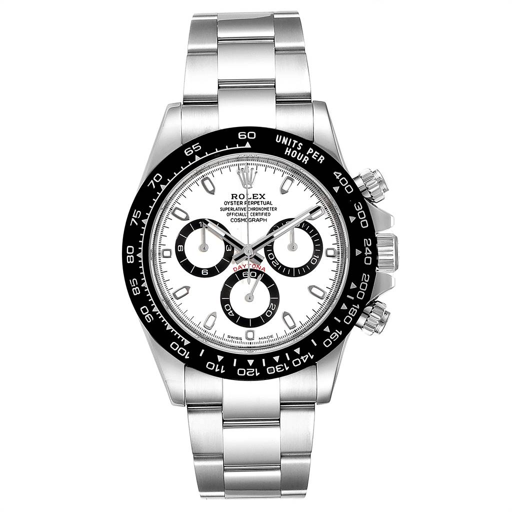 The image shows a front view of the Rolex Daytona 116500 Men's Stainless Steel White Dial 116500 Men's Stainless Steel White Dial watch, highlighting its bezel, dial, sub-dials, and bracelet.