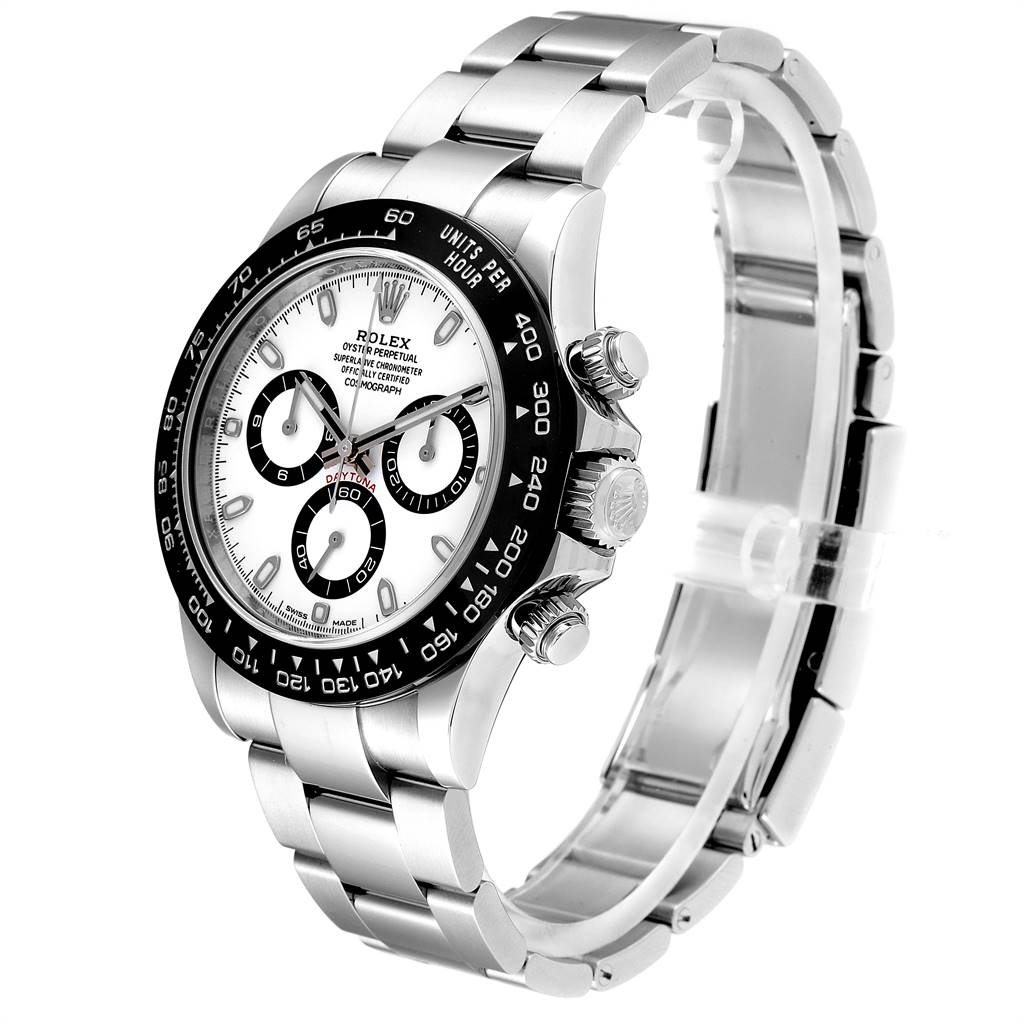 This image features the Rolex Daytona 116500 Men's Stainless Steel White Dial 116500 Men's Stainless Steel White Dial watch at an angled view, showcasing the face, bezel, and stainless steel bracelet.