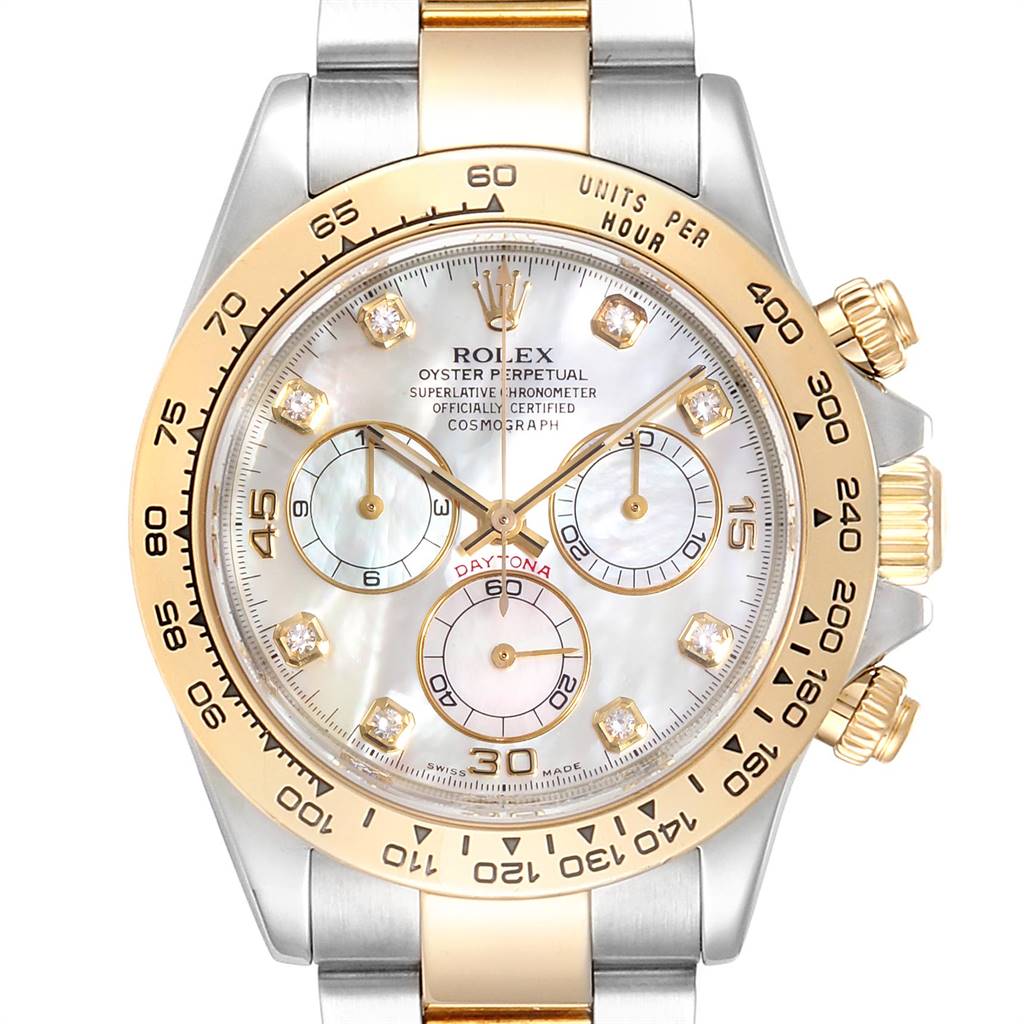 This image shows a frontal view of the Rolex Daytona 116523 Men
s Steel and Gold (two tone) Mother of Pearl Dial 116523 Men
s Steel and Gold (two tone) Mother of Pearl Dial watch, displaying its face, bezel, and part of the bracelet.