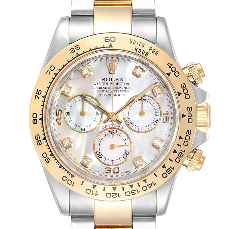 Rolex Daytona Yellow Gold Steel MOP Diamond Watch 116523 Box Papers SwissWatchExpo