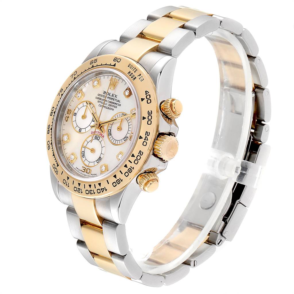 The image shows a Rolex Daytona 116523 Men
s Steel and Gold (two tone) Mother of Pearl Dial 116523 Men
s Steel and Gold (two tone) Mother of Pearl Dial watch at an angled side view, highlighting the face, bezel, crown, and two-tone bracelet.