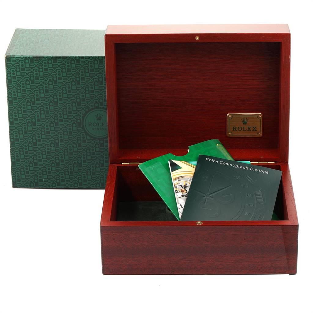 The image shows an open Rolex Daytona 16523 Men's Steel and Gold (two tone) White Dial 16523 Men's Steel and Gold (two tone) White Dial watch box with accompanying booklets and an exterior cardboard box.