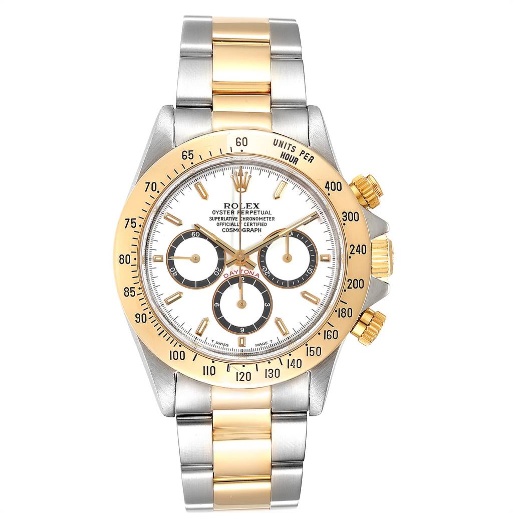 The image shows a front view of the Rolex Daytona 16523 Men's Steel and Gold (two tone) White Dial 16523 Men's Steel and Gold (two tone) White Dial watch, highlighting the dial, bezel, chronograph subdials, and bracelet.