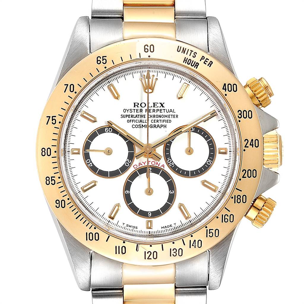 This image shows a front-facing view of a Rolex Daytona 16523 Men's Steel and Gold (two tone) White Dial 16523 Men's Steel and Gold (two tone) White Dial watch, highlighting its bezel, chronograph subdials, and bracelet.