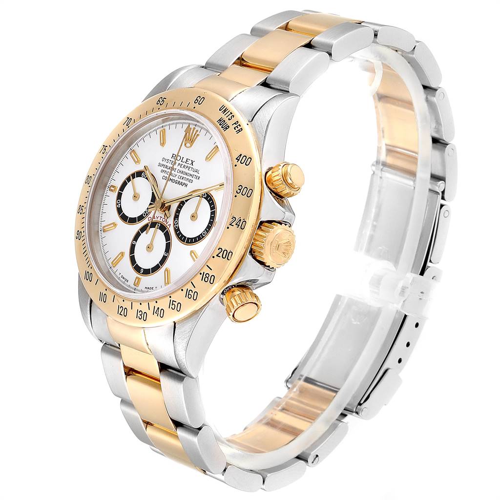The Rolex Daytona 16523 Men's Steel and Gold (two tone) White Dial 16523 Men's Steel and Gold (two tone) White Dial watch is shown at an angled view, displaying its face, bezel, crown, and bracelet.