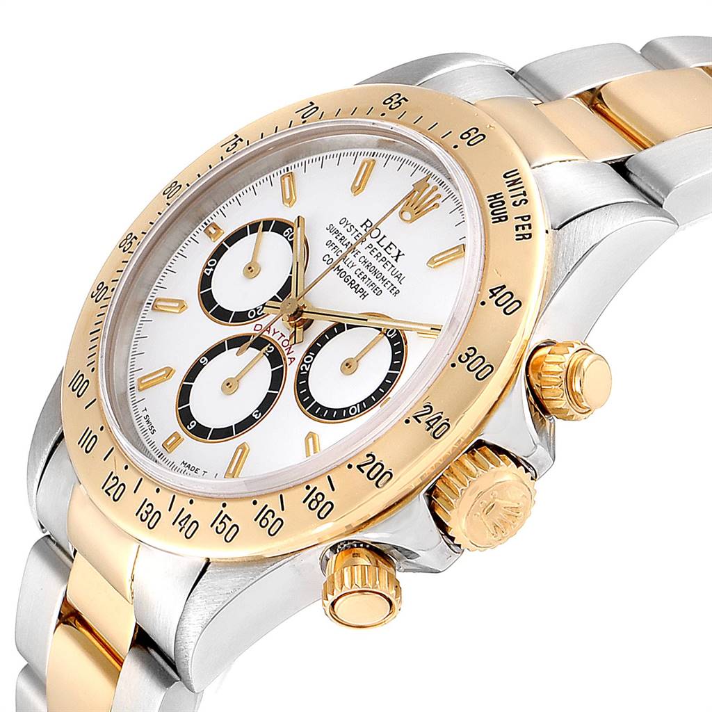 The image shows a Rolex Daytona 16523 Men's Steel and Gold (two tone) White Dial 16523 Men's Steel and Gold (two tone) White Dial watch at a slight angle, highlighting the face, bezel, and part of the bracelet.
