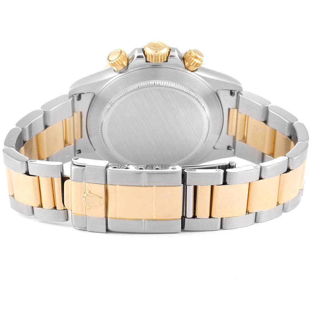 This image shows the back view of a Rolex Daytona 16523 Men's Steel and Gold (two tone) White Dial 16523 Men's Steel and Gold (two tone) White Dial watch, highlighting the clasp and bracelet with gold center links.