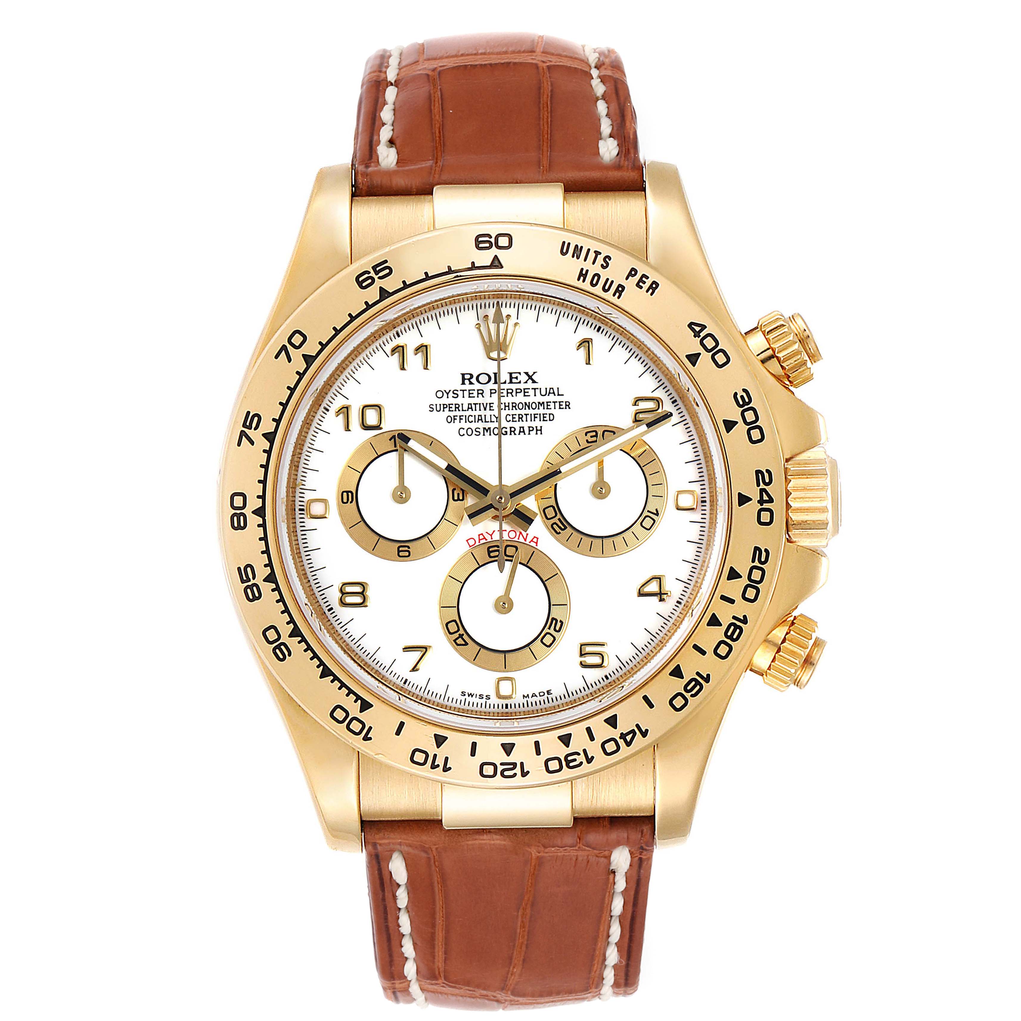 This image shows a front view of the Rolex Daytona 116518 Men's Yellow Gold White Dial 116518 Men's Yellow Gold White Dial watch, highlighting its dial, bezel, crown, and leather strap.