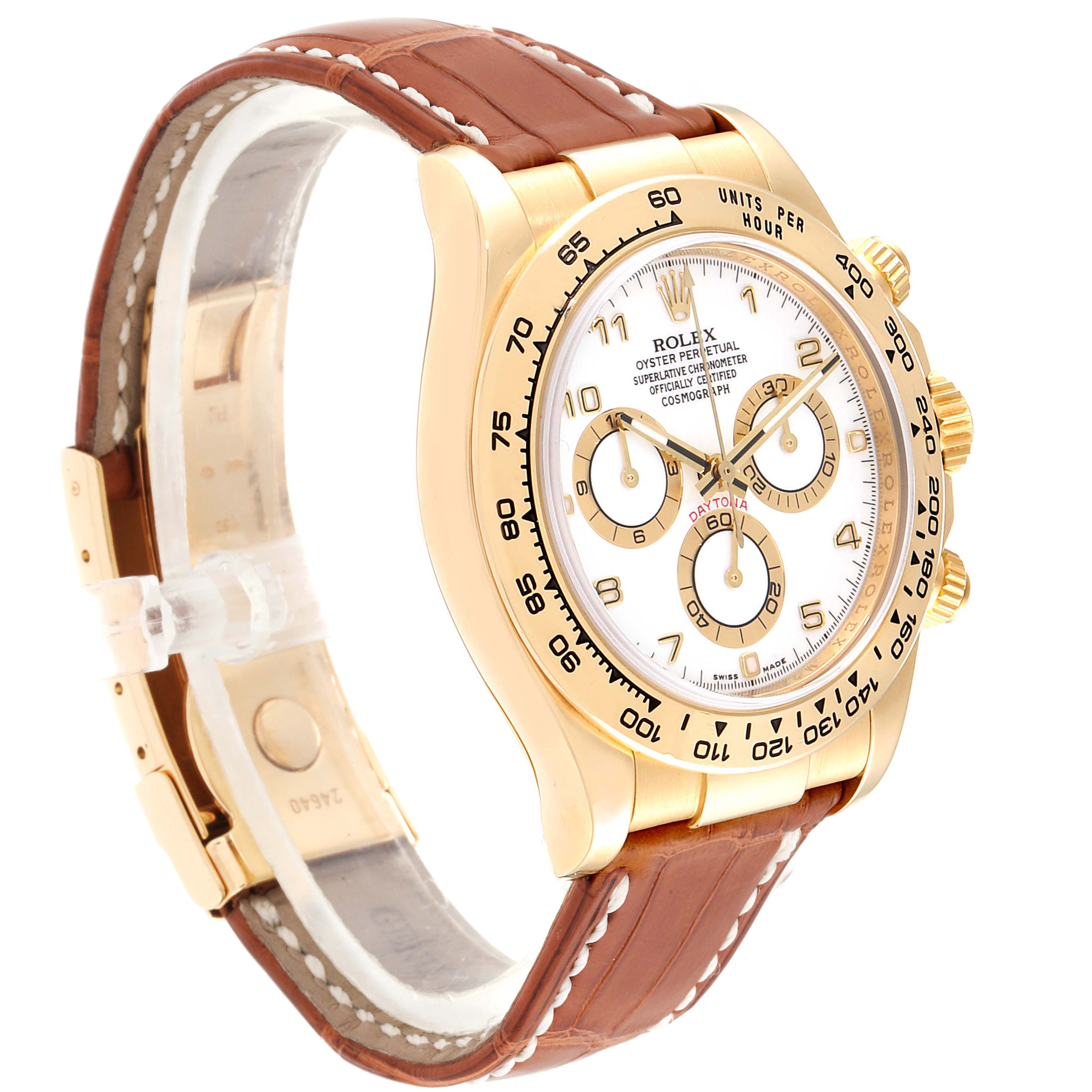 The image shows a Rolex Daytona 116518 Men's Yellow Gold White Dial 116518 Men's Yellow Gold White Dial watch from a front angle, displaying its face, bezel, crown, pushers, and leather strap.