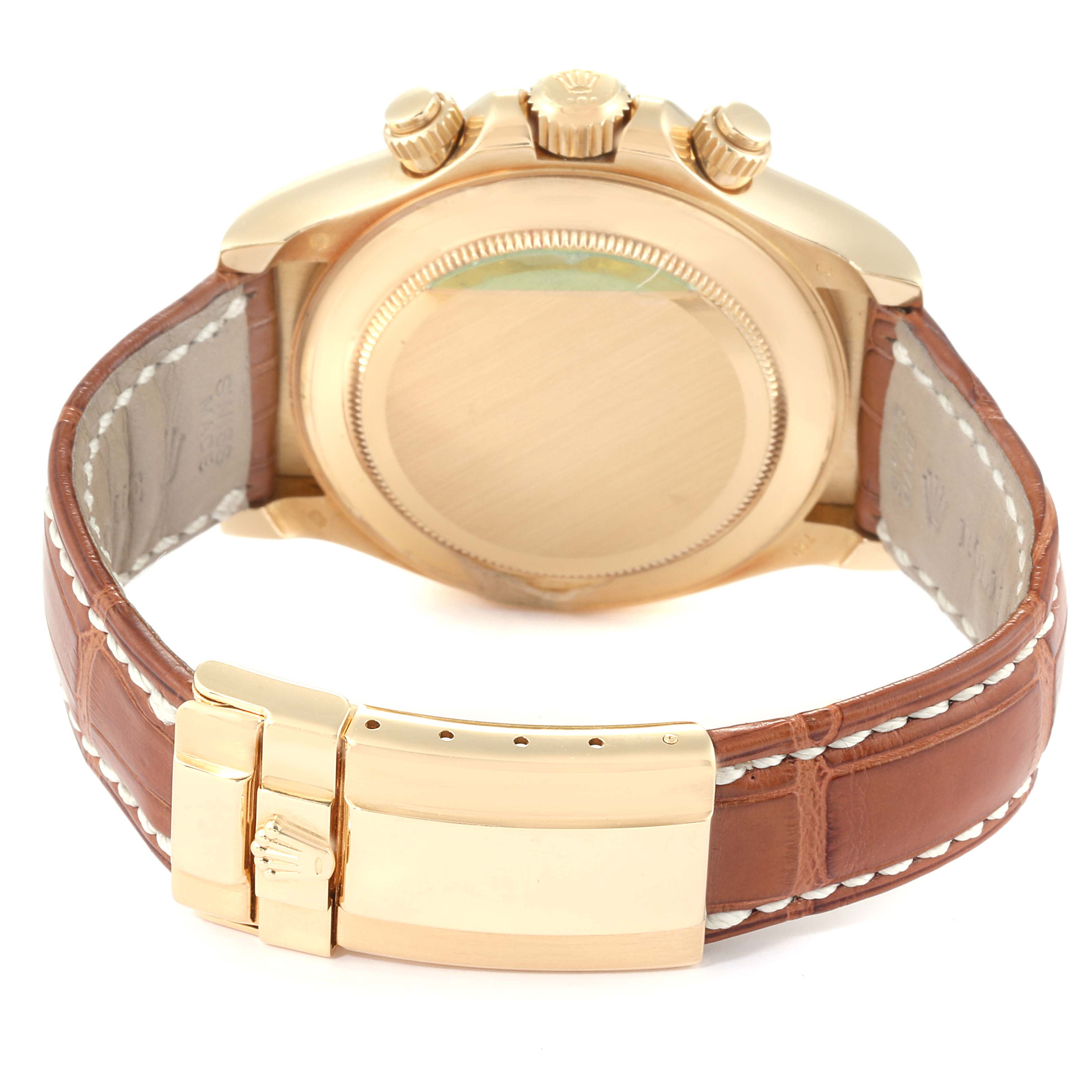 The image shows the back view of a Rolex Daytona 116518 Men's Yellow Gold White Dial 116518 Men's Yellow Gold White Dial watch, highlighting its case, crown, and leather strap.