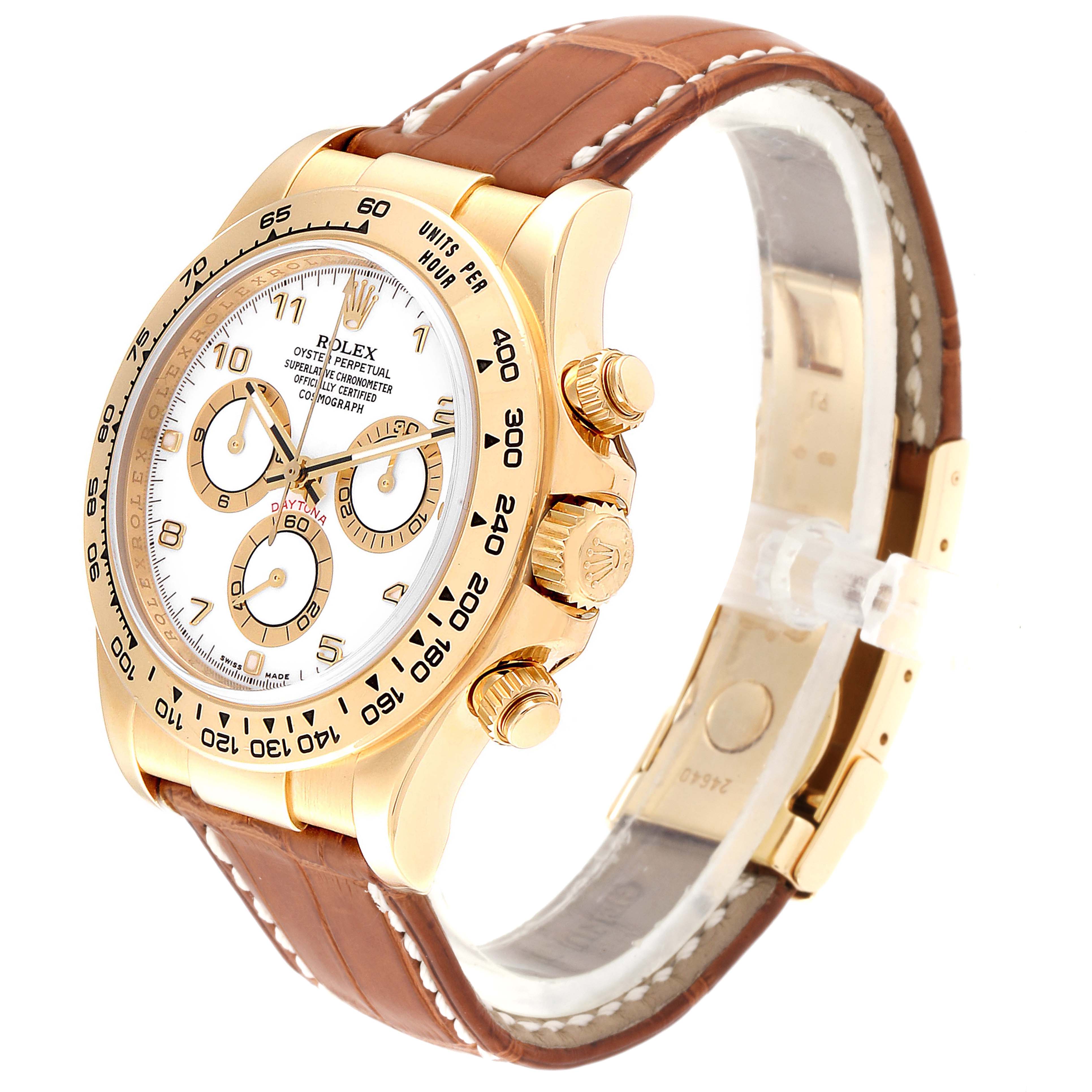 The image shows a side angle of the Rolex Daytona 116518 Men's Yellow Gold White Dial 116518 Men's Yellow Gold White Dial watch, highlighting its gold case, pushers, bezel, white dial, and brown leather strap.