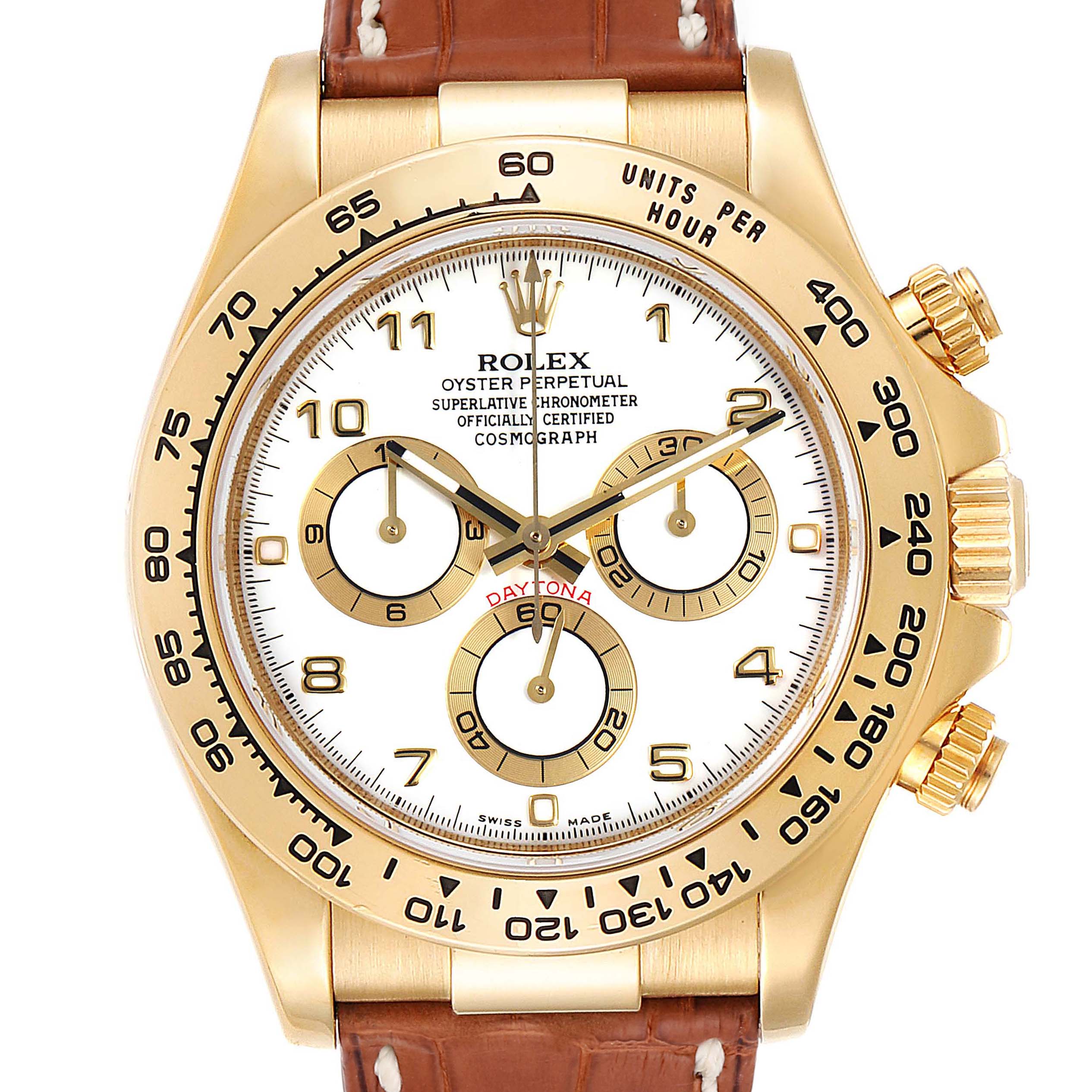 The image shows a frontal view of a Rolex Daytona 116518 Men's Yellow Gold White Dial 116518 Men's Yellow Gold White Dial watch, highlighting its dial, bezel, and strap.