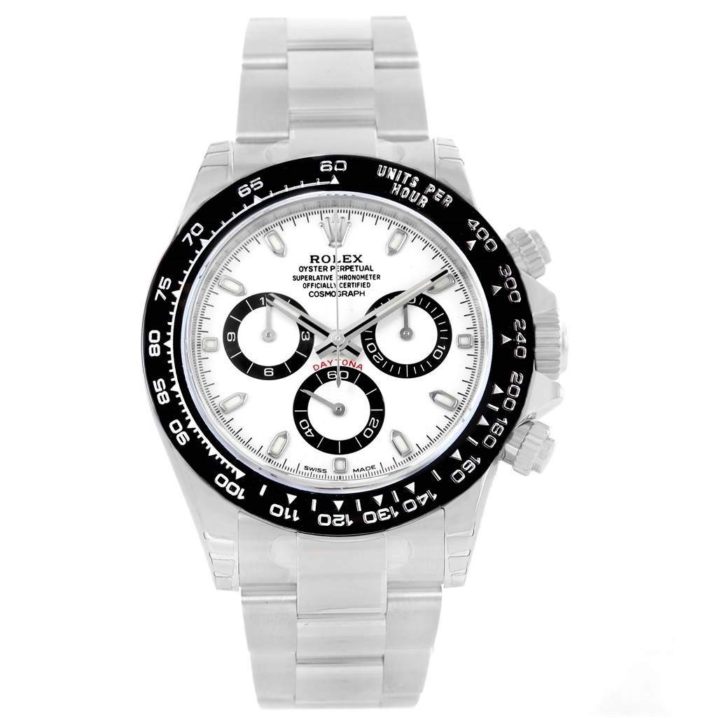 The Rolex Daytona 116500 Men's Stainless Steel White Dial 116500 Men's Stainless Steel White Dial watch is shown from a front angle, highlighting its dial, bezel, and bracelet.