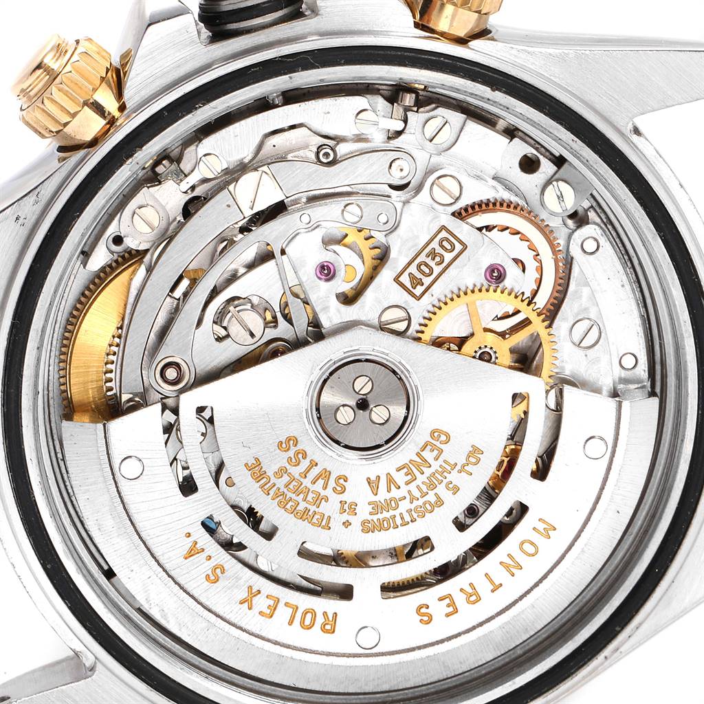 This is a detailed view of the movement and internal mechanisms of the Rolex Daytona 16523 Men's Steel and Gold (two tone) Grey Dial 16523 Men's Steel and Gold (two tone) Grey Dial watch model.