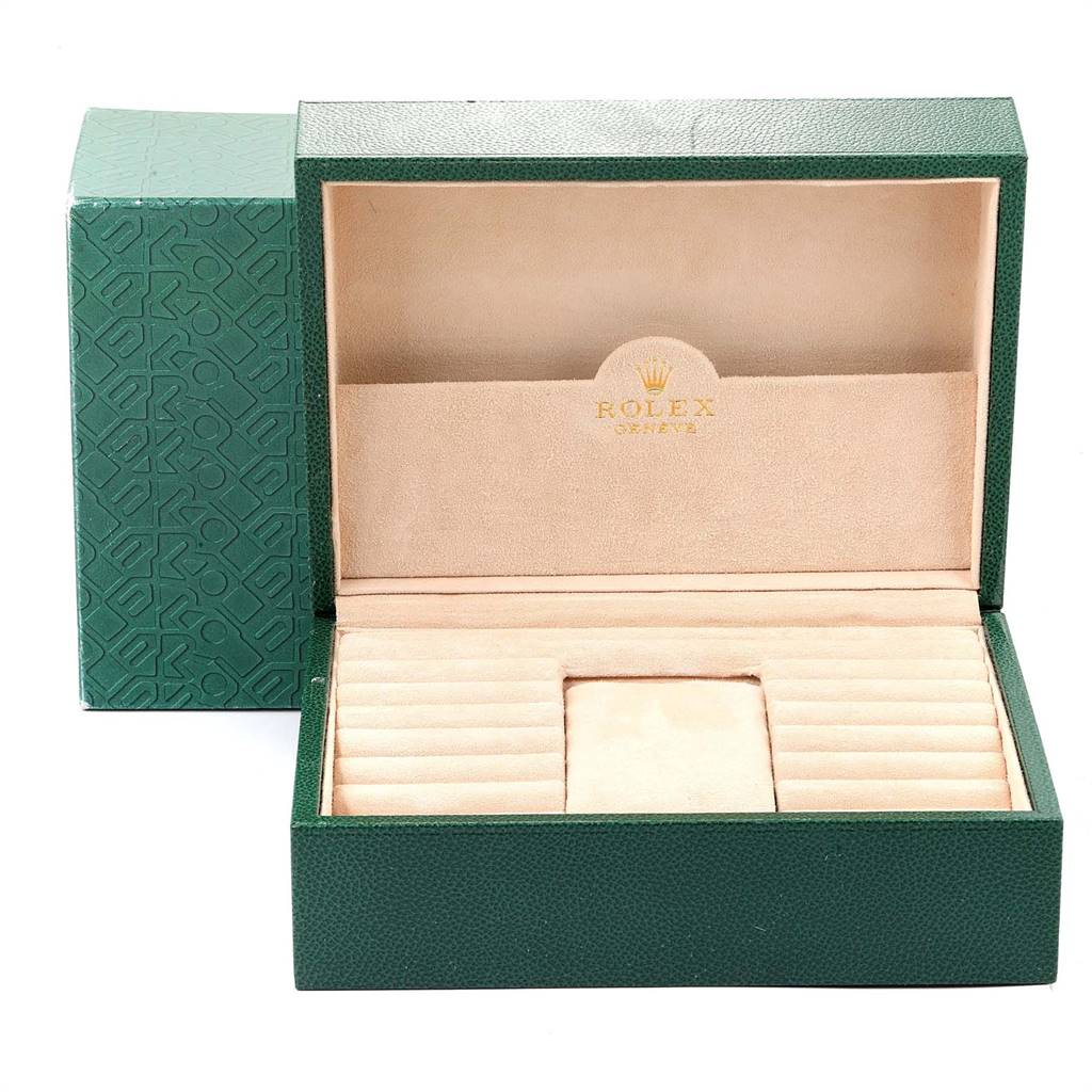 The image shows an open green and beige Rolex Daytona 16523 Men's Steel and Gold (two tone) Grey Dial 16523 Men's Steel and Gold (two tone) Grey Dial watch box, viewed from the front.