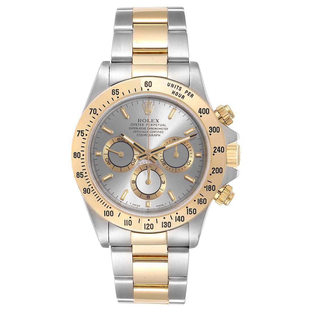 This Rolex Daytona 16523 Men's Steel and Gold (two tone) Grey Dial 16523 Men's Steel and Gold (two tone) Grey Dial watch is shown from a front angle, highlighting its dial, bezel, and two-tone bracelet.