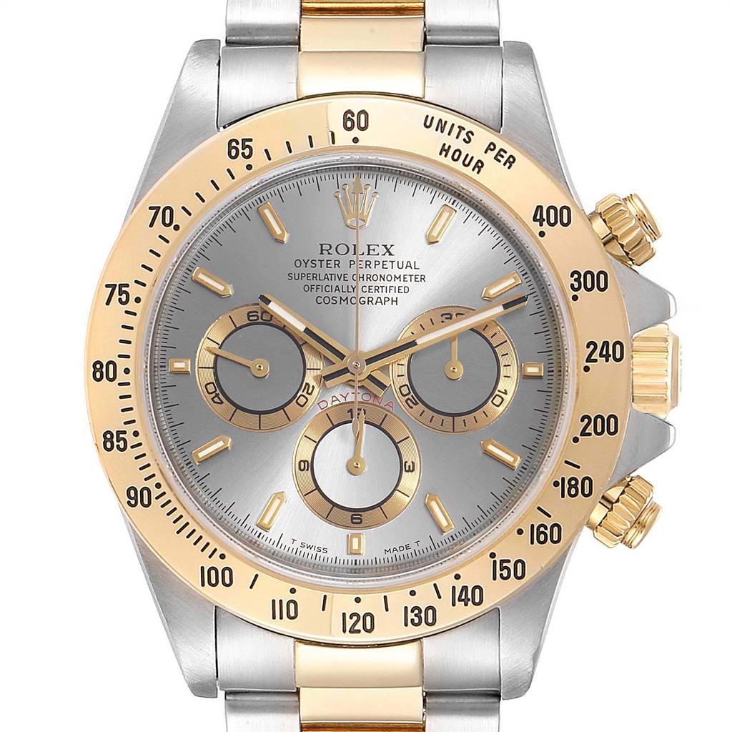 The image shows a frontal view of a Rolex Daytona 16523 Men's Steel and Gold (two tone) Grey Dial 16523 Men's Steel and Gold (two tone) Grey Dial watch, highlighting the dial, subdials, bezel, and pushers.