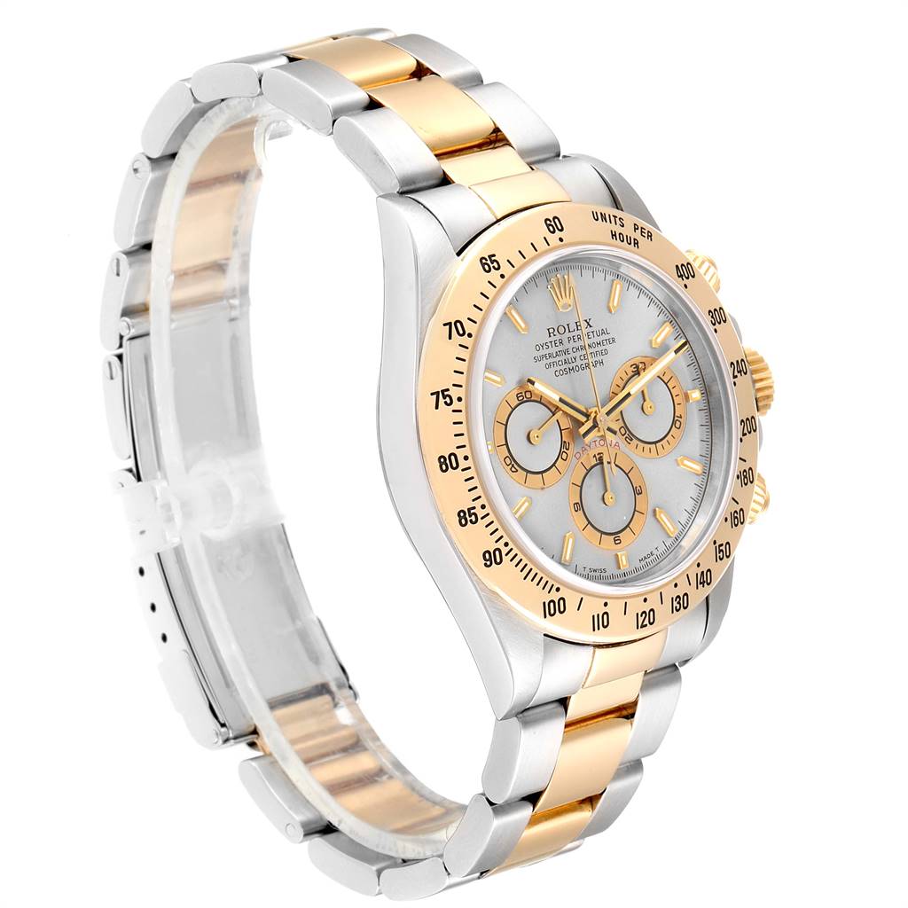 This image shows a side and front view of the Rolex Daytona 16523 Men's Steel and Gold (two tone) Grey Dial 16523 Men's Steel and Gold (two tone) Grey Dial, highlighting its gold and silver bracelet and tachymeter bezel.