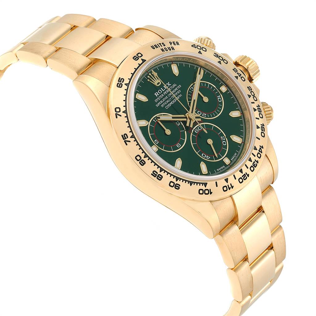 This image showcases a Rolex Daytona 116508 Men's Yellow Gold Green Dial 116508 Men's Yellow Gold Green Dial watch from a three-quarter angle, highlighting its gold case, green dial, and bracelet.