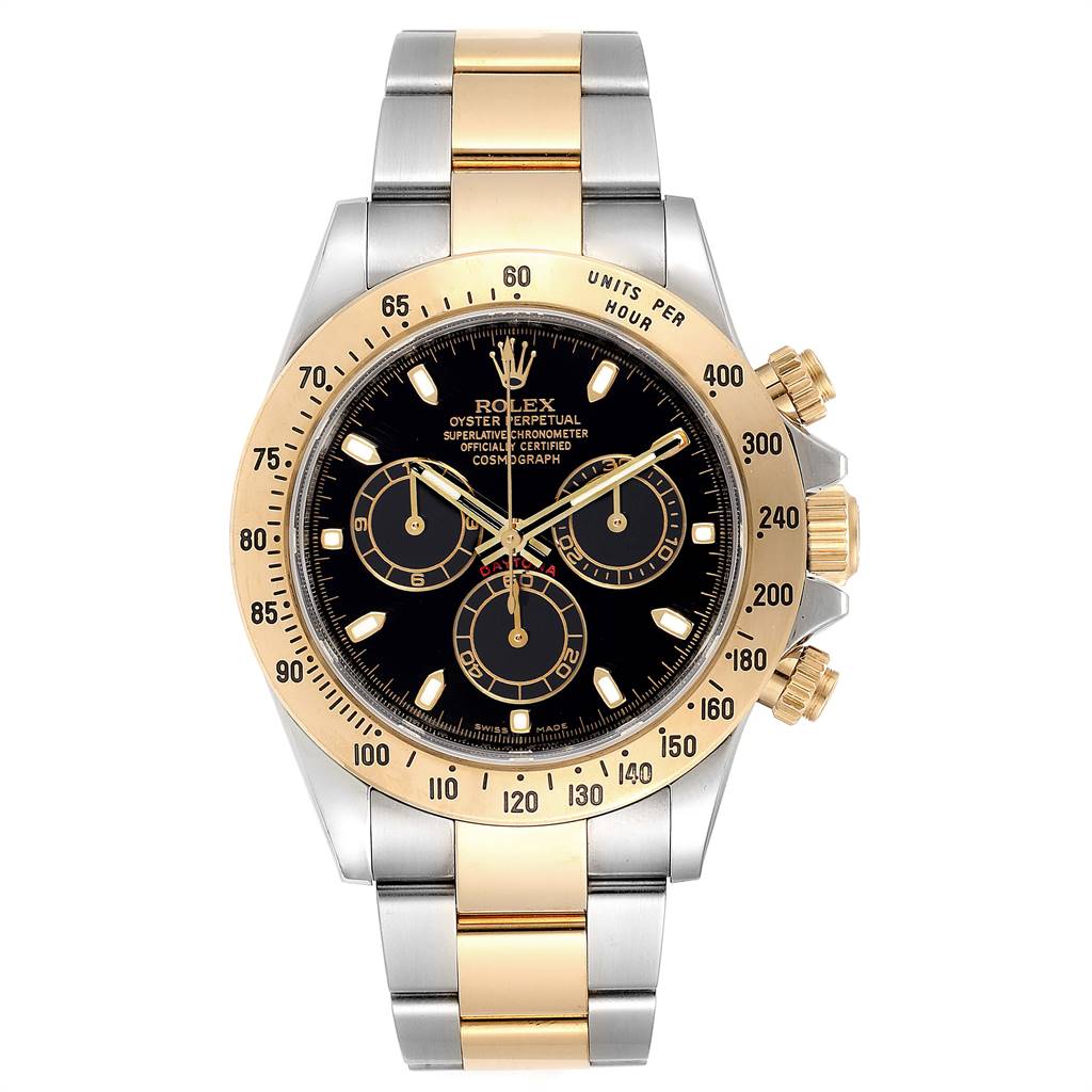 This image shows a Rolex Daytona 116523 Men's Steel and Gold (two tone) Black Dial 116523 Men's Steel and Gold (two tone) Black Dial watch from a front angle, highlighting its dial, bezel, and bicolor bracelet.
