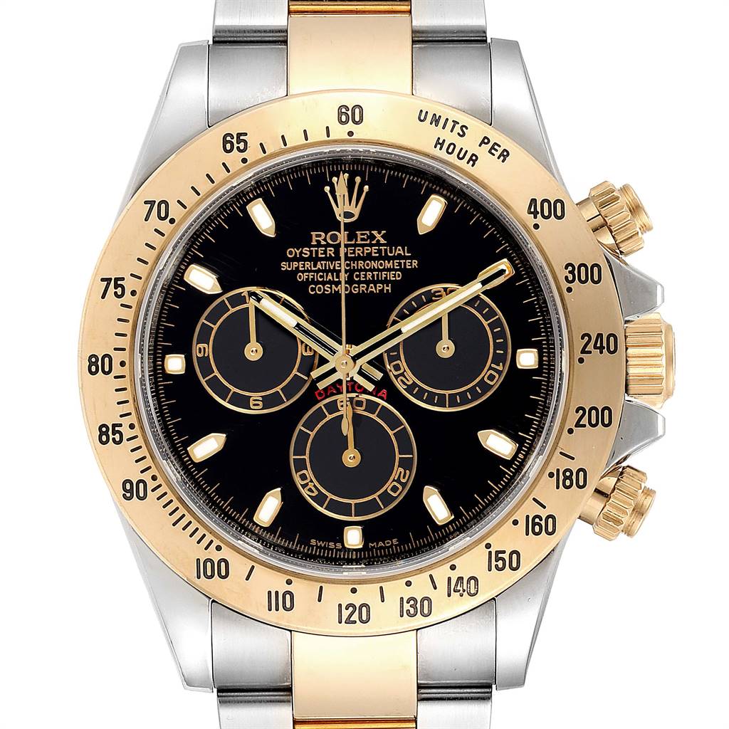 The image shows a front view of the Rolex Daytona 116523 Men's Steel and Gold (two tone) Black Dial 116523 Men's Steel and Gold (two tone) Black Dial watch, highlighting its black dial, gold bezel, and chronograph sub-dials.