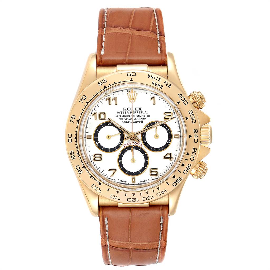 The Rolex Daytona 16518 Men's Yellow Gold White Dial 16518 Men's Yellow Gold White Dial watch is displayed from the front, showing its full face, bezel, crown, pushers, and leather strap.