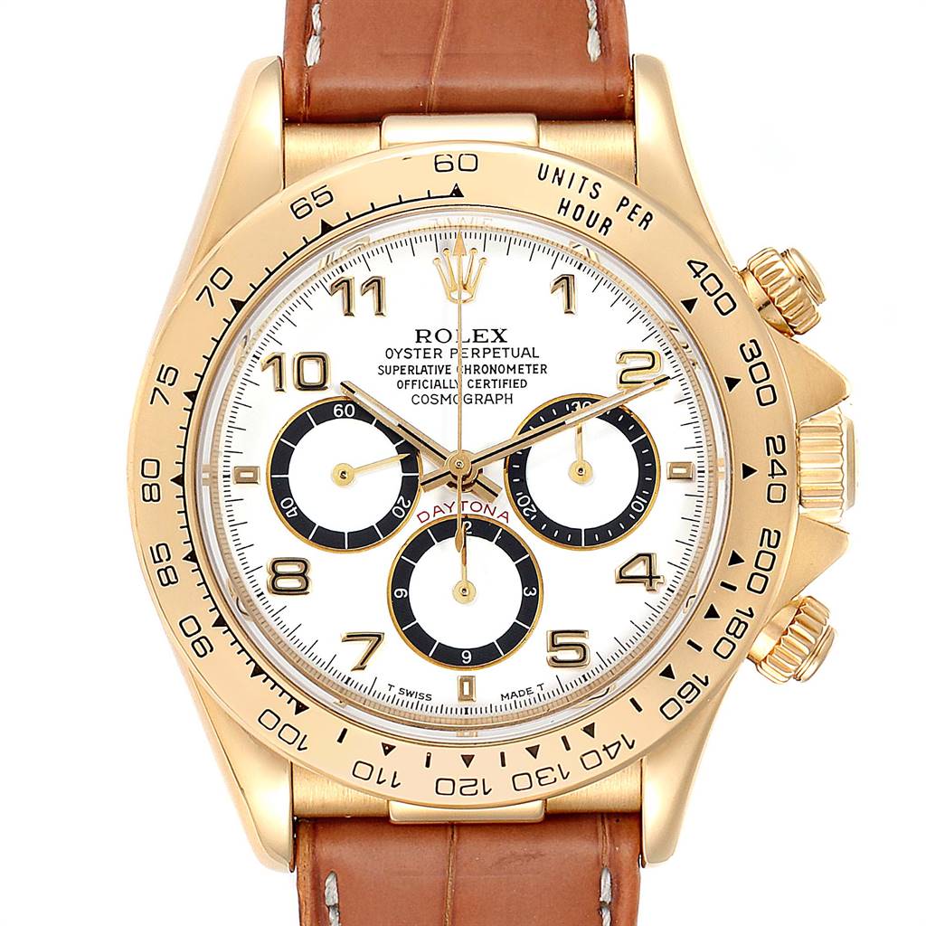 The image shows a front view of a Rolex Daytona 16518 Men's Yellow Gold White Dial 16518 Men's Yellow Gold White Dial watch, highlighting its dial, bezel, and leather strap.