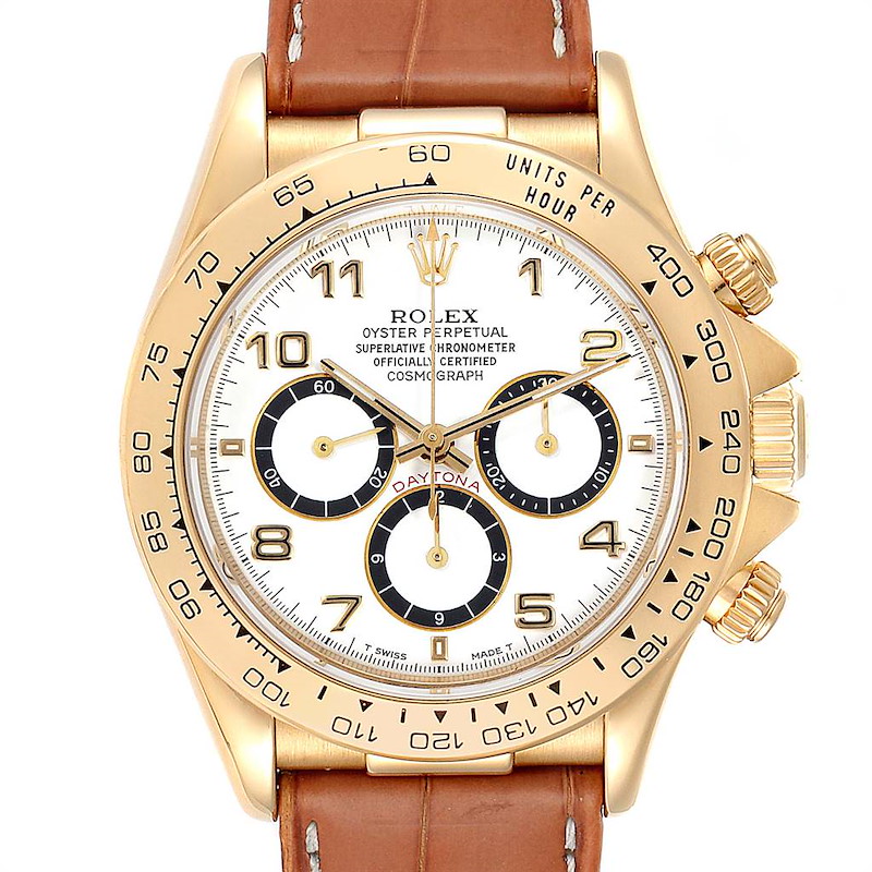 Rolex Daytona Yellow Gold White Dial Brown Strap Mens Watch 16518 SwissWatchExpo