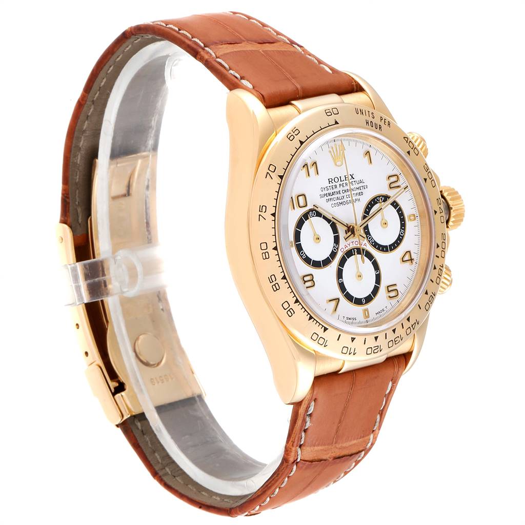 The Rolex Daytona 16518 Men's Yellow Gold White Dial 16518 Men's Yellow Gold White Dial watch is shown at a three-quarter angle, highlighting its dial, bezel, and leather strap.