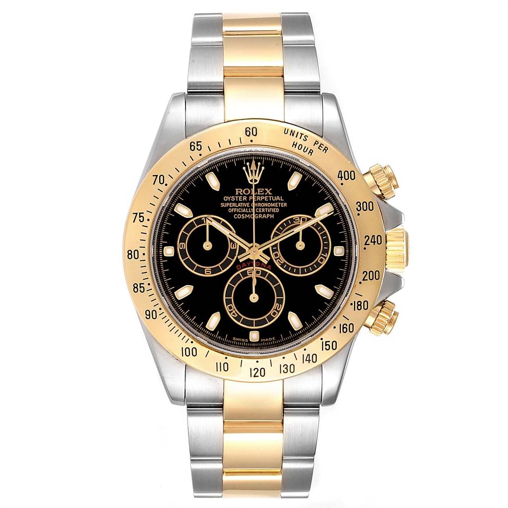 The image shows a Rolex Daytona 116523 Men's Steel and Gold (two tone) Black Dial 116523 Men's Steel and Gold (two tone) Black Dial watch from the front, highlighting its dial, bezel, and bracelet.